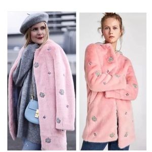 Zara pink faux fur bejeweled coat